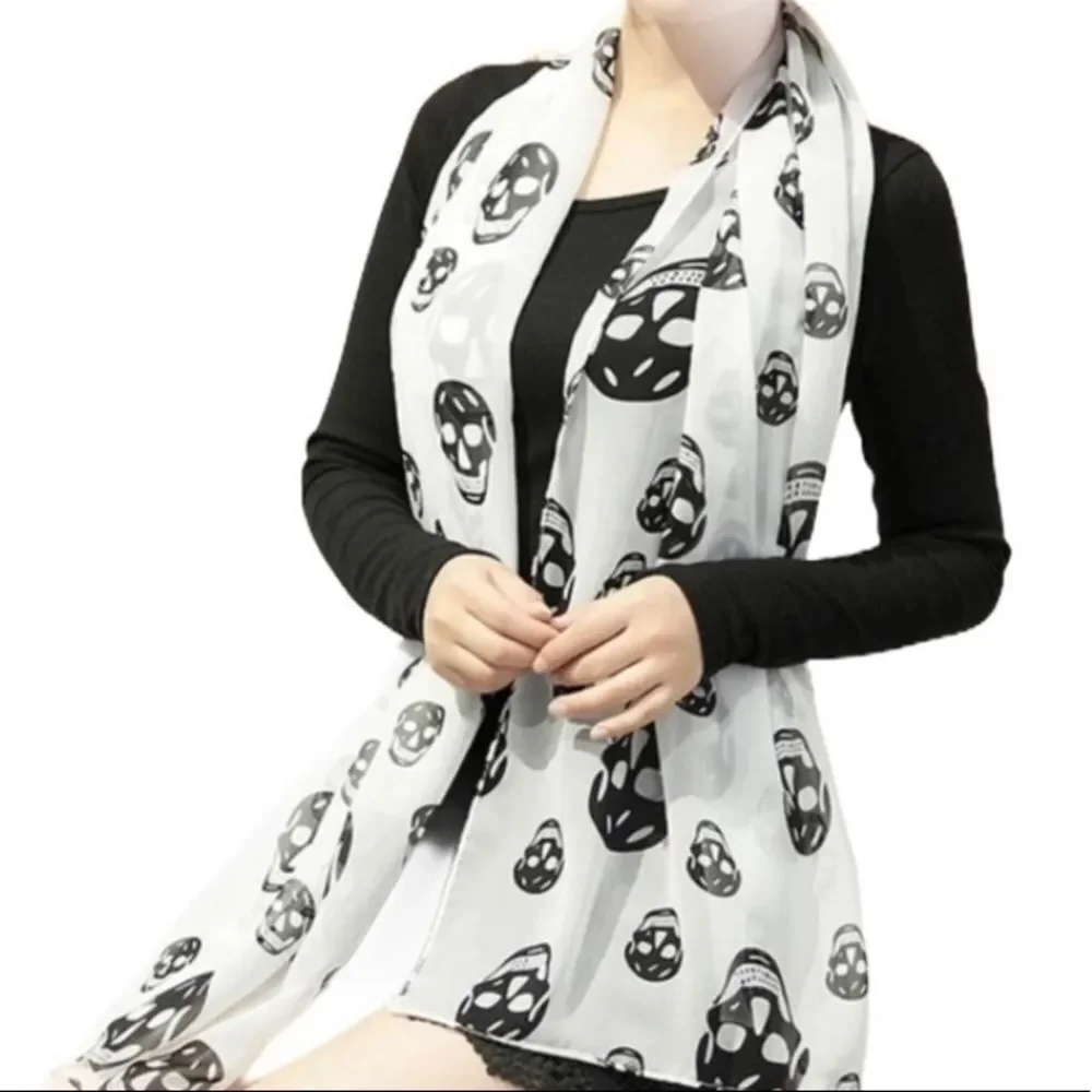 White Black Skulls Lightweight Long Scarf Neck Wrap, HeadScarf